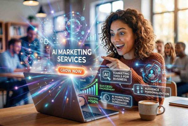 A businesswoman reacting with excitement to glowing holographic data visualizations of AI marketing services and AI marketing automation tools bursting from her laptop in a modern office.