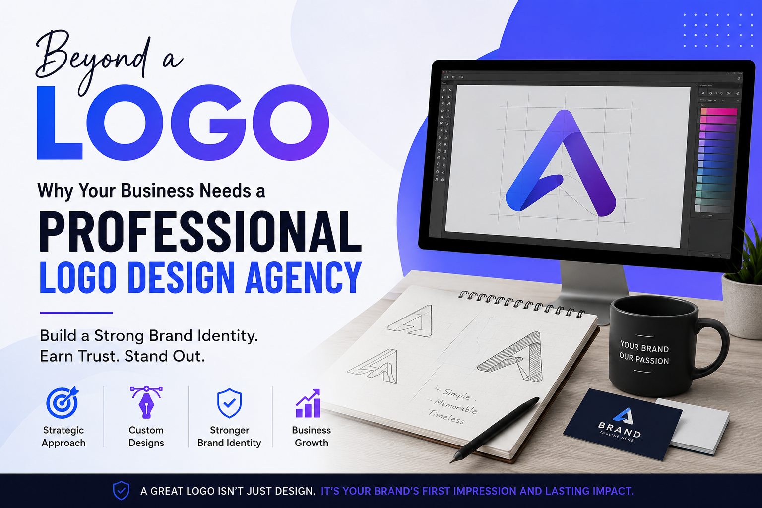 Professional logo design agency creating a custom brand identity with logo concepts, digital design tools, and branding materials displayed in a modern creative workspace.