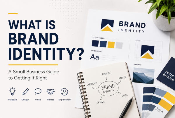 Brand identity featured image with logo design, color palette, typography, and branding guide for small businesses.