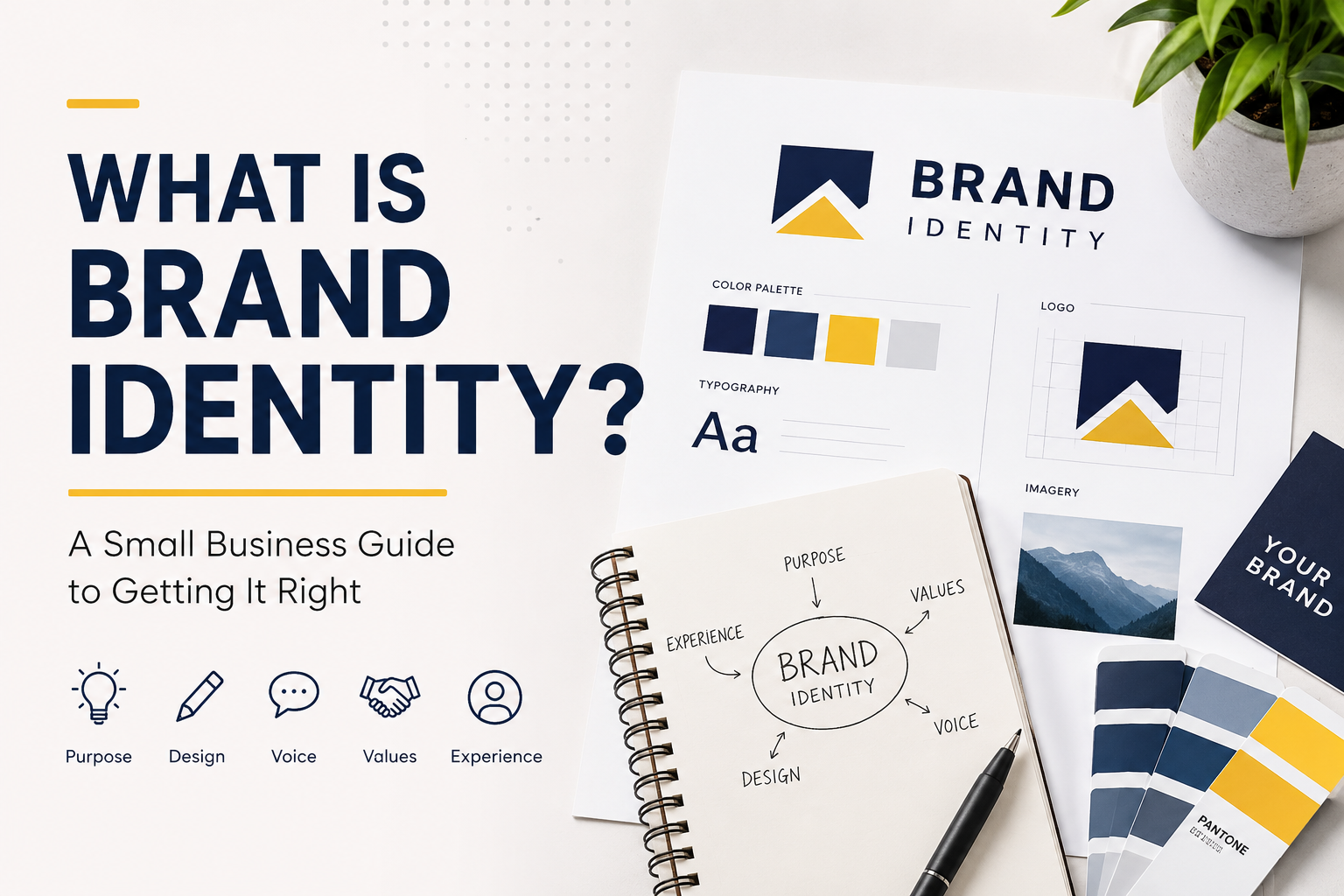 Brand identity featured image with logo design, color palette, typography, and branding guide for small businesses.
