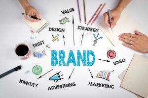 Illustration of brand identity showing key branding elements including trust, design, value, strategy, logo, marketing, advertising, and business identity surrounding the word "Brand" on a collaborative workspace.