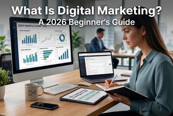 A woman taking notes at a desk featuring a computer monitor displaying a "Digital Marketing Overview - 2026" dashboard with overlay text reading "What Is Digital Marketing? A 2026 Beginner's Guide.