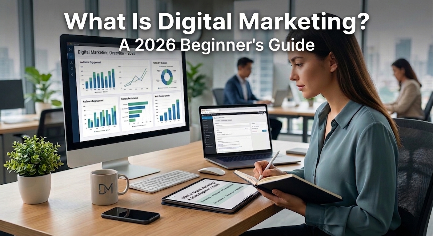 A woman taking notes at a desk featuring a computer monitor displaying a "Digital Marketing Overview - 2026" dashboard with overlay text reading "What Is Digital Marketing? A 2026 Beginner's Guide.