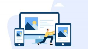 Responsive web design illustration showing a website adapting across desktop, tablet, and smartphone screens.