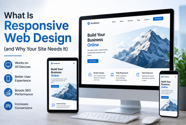 Responsive web design displayed across desktop, tablet, and smartphone screens for a small business website.