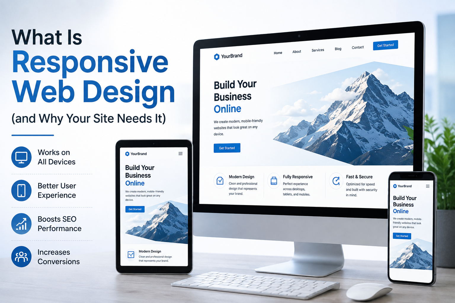 Responsive web design displayed across desktop, tablet, and smartphone screens for a small business website.