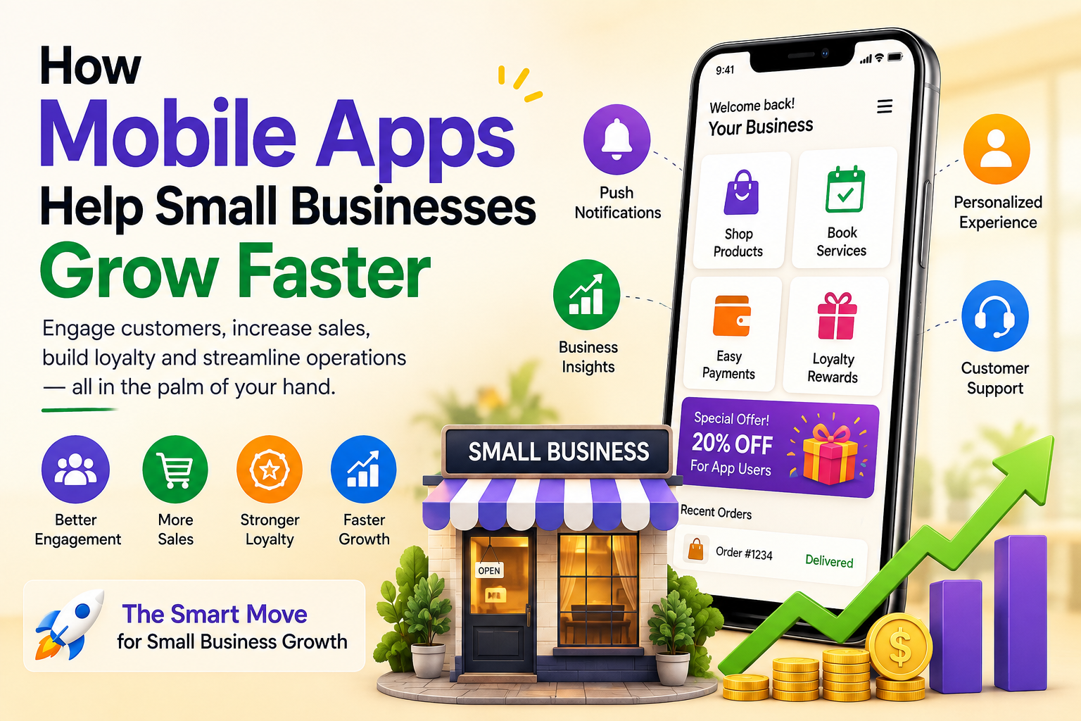 Mobile app helping a small business increase customer engagement, sales, loyalty, and business growth.