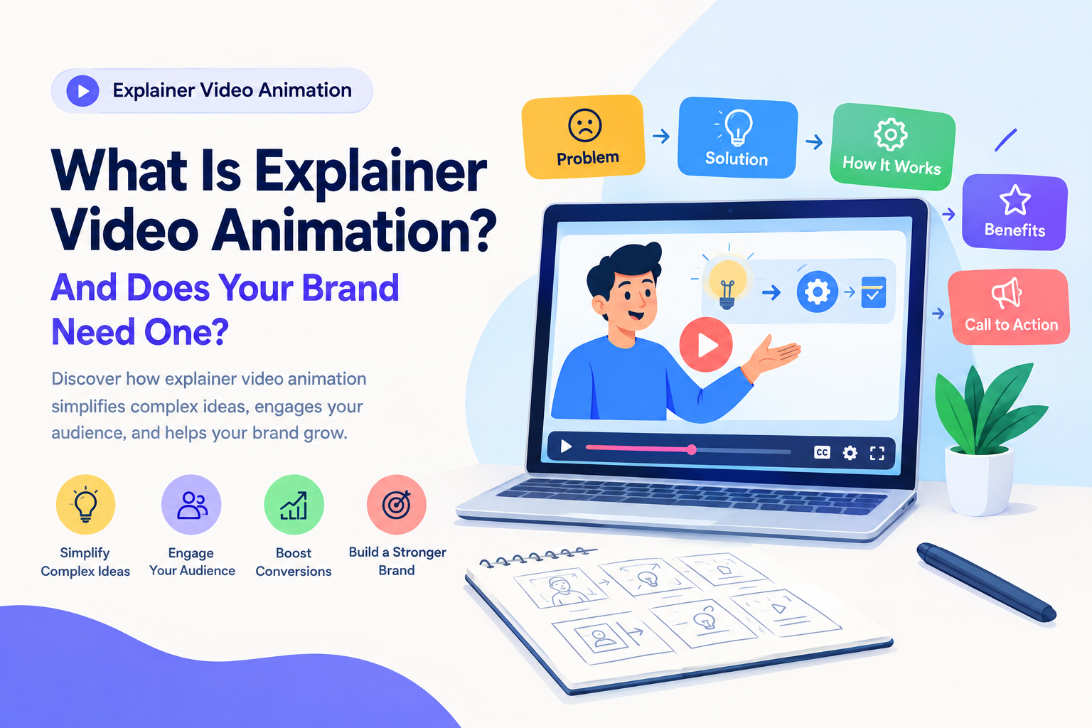 Infographic explaining "What Is Explainer Video Animation?" featuring a laptop displaying an animated video alongside key video production steps and benefits.