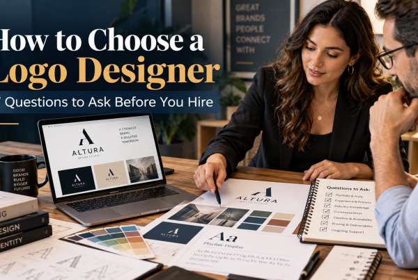Professional branding consultation showing a designer and client reviewing logo concepts, brand colors, and visual identity materials for a blog about how to choose a logo designer.