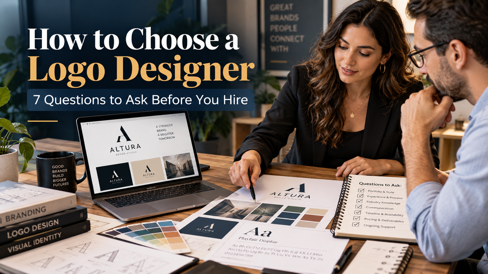 Professional branding consultation showing a designer and client reviewing logo concepts, brand colors, and visual identity materials for a blog about how to choose a logo designer.