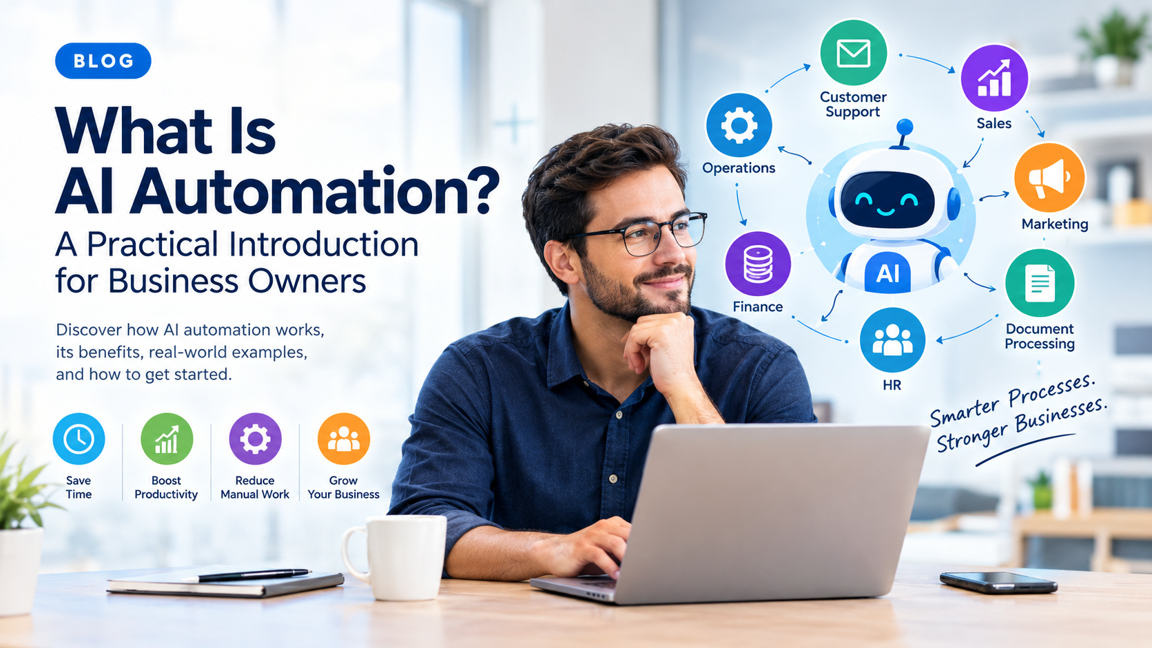 AI automation for business owners showing how AI streamlines customer support, sales, marketing, finance, HR, and business operations.